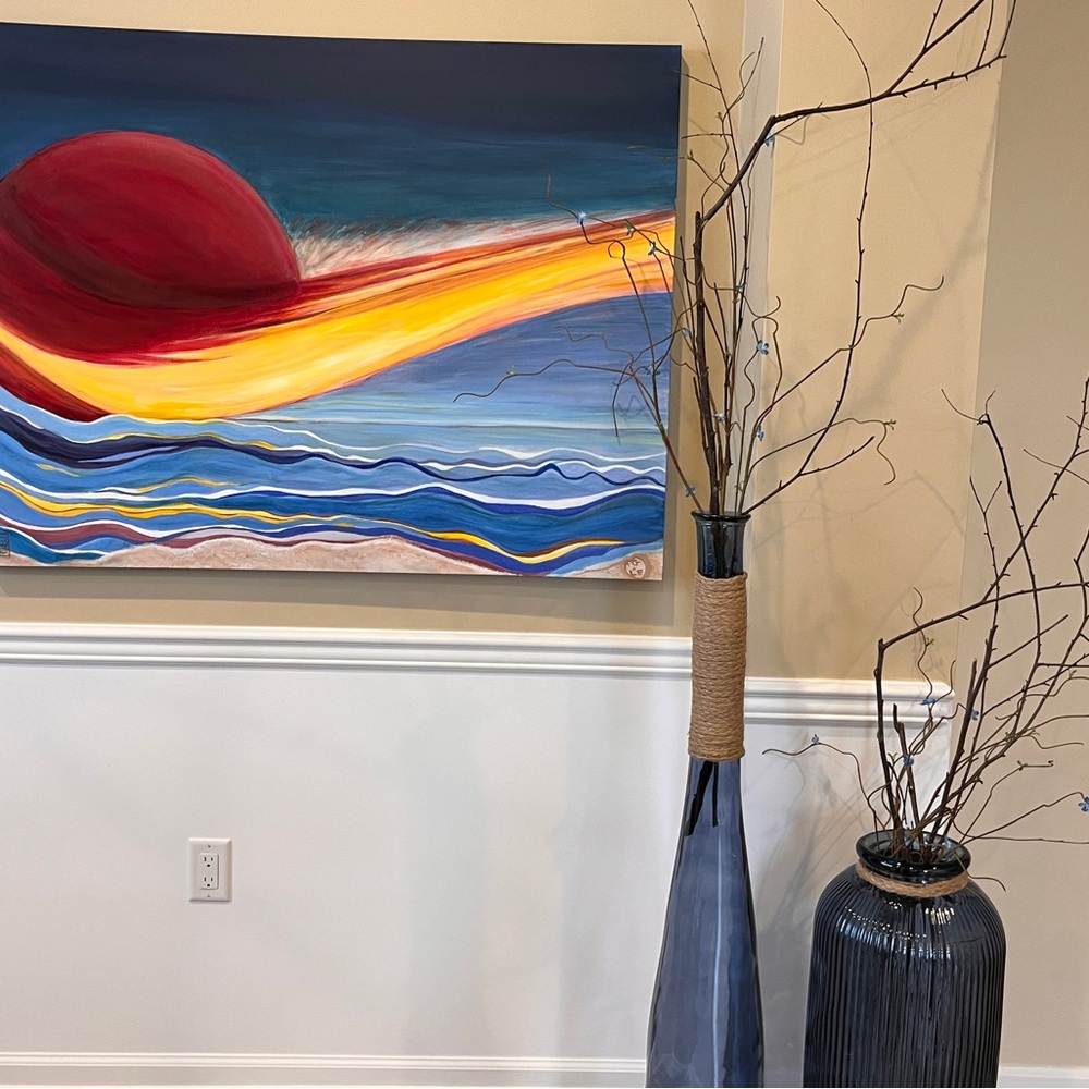 Abstract Seascape Wall Art - Red Sun with Blue Waves